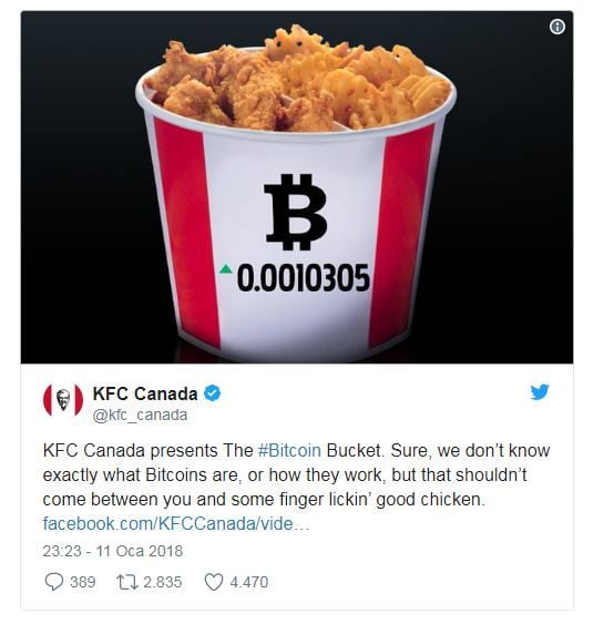 Fast Food Devi KFC Sosyal Medyadan Bitcoin ile Satışa Başladığını Duyurdu